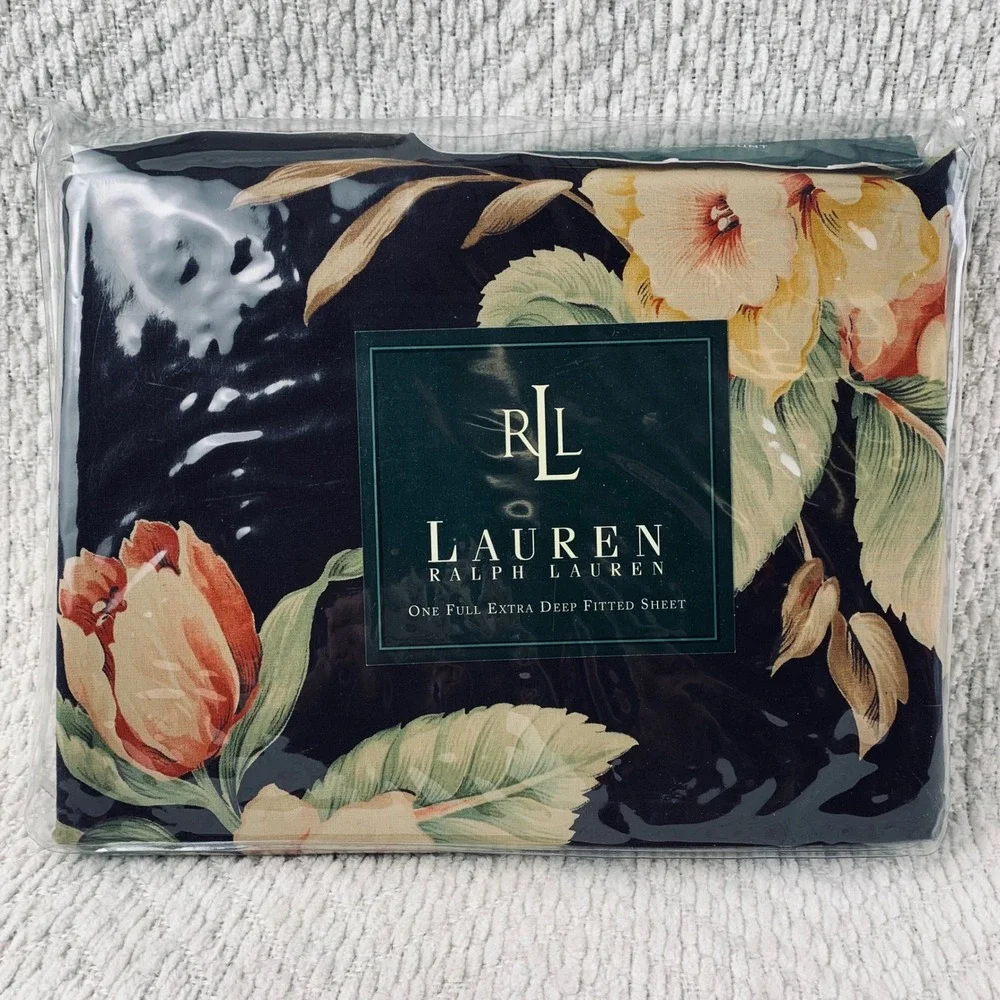 Ralph Lauren Fitted Sheet‎ Full Black Charleston Floral Deep 100% Cotton Vintage
